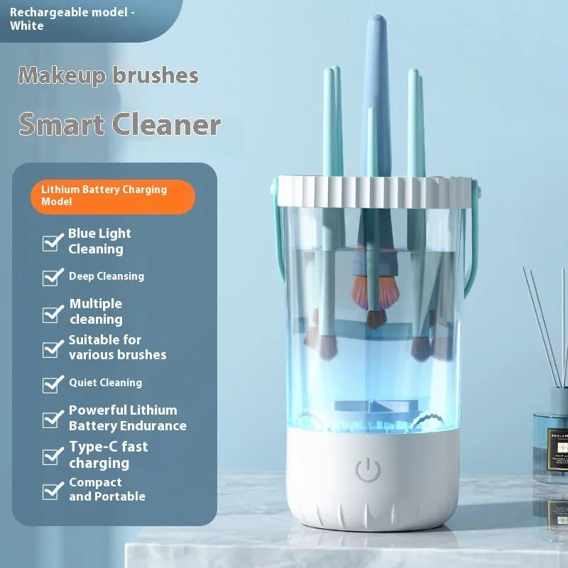 White plastic rechargeable electric makeup brush cleaner with USB cable