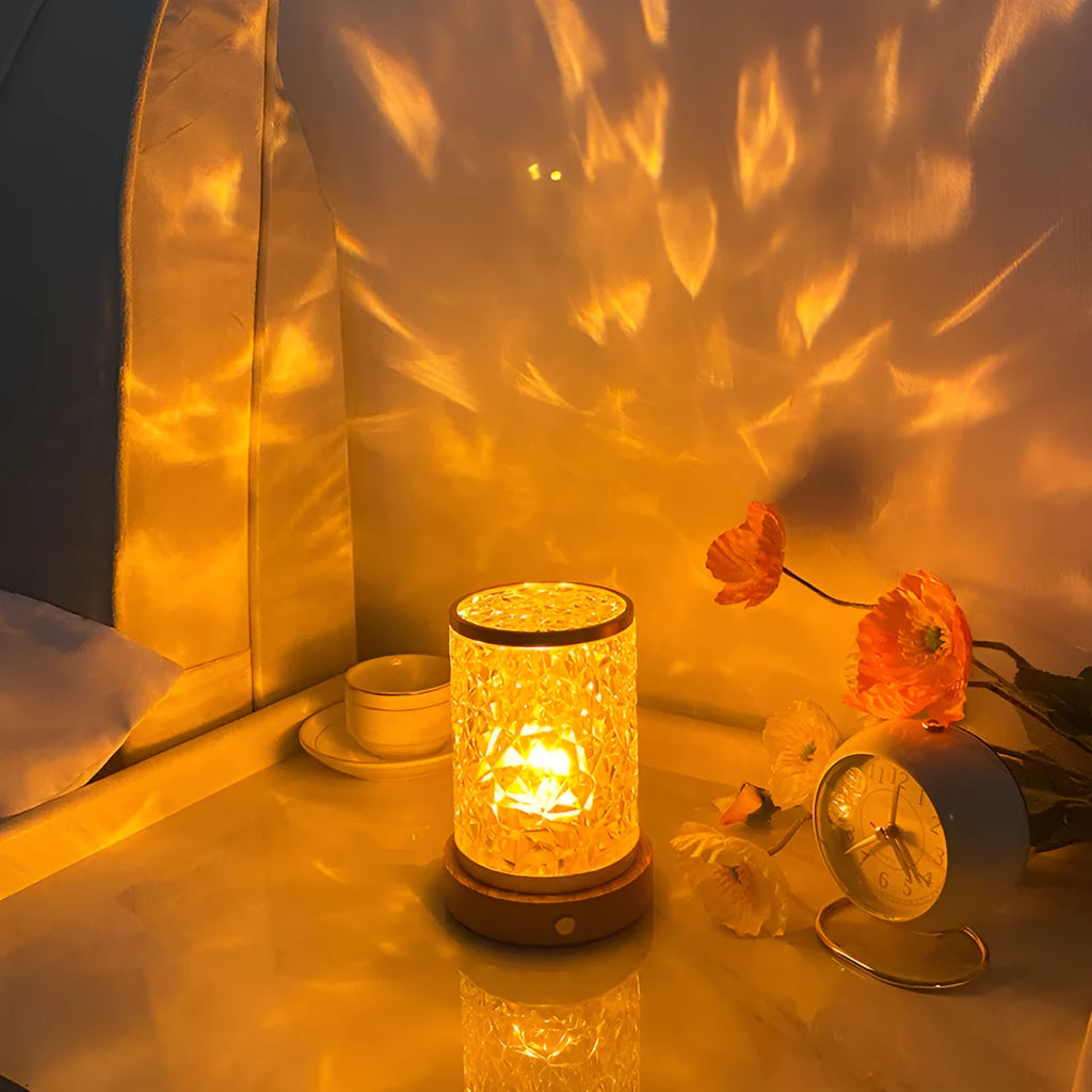 Rotating water ripple night light with acrylic dome on solid wood base for bedroom