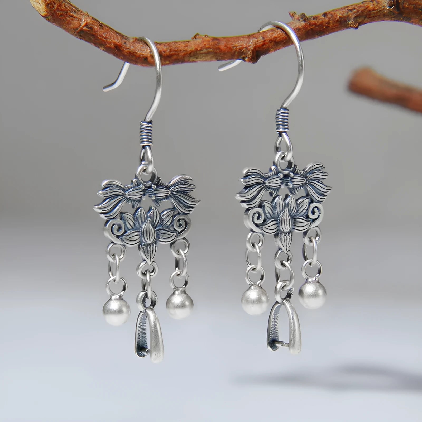 Handmade 925 sterling silver koi fish earrings on ear hook style with silver colour finish