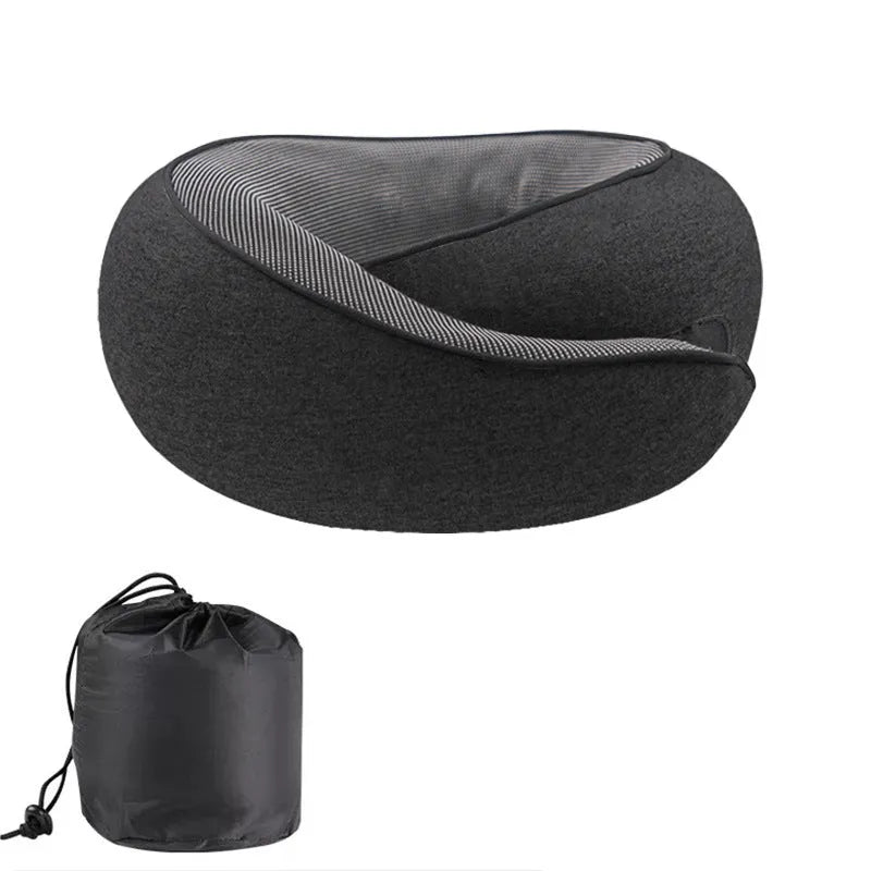 U-shaped memory foam travel neck pillow in light grey with a black storage bag.