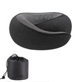 U-shaped memory foam travel neck pillow in light grey with a black storage bag.