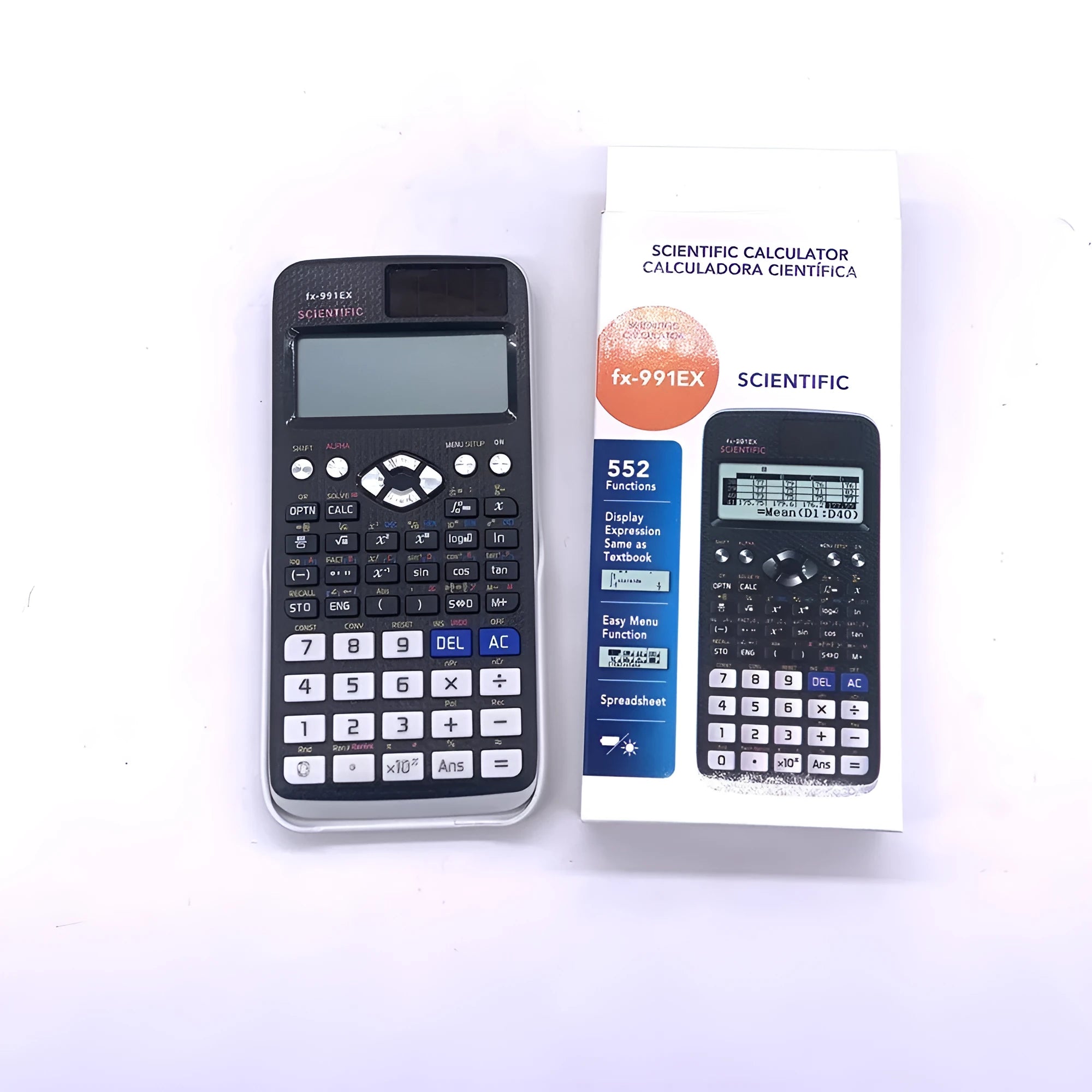 991EX multi-functional scientific calculator in black, blue, or pink with solar panel.