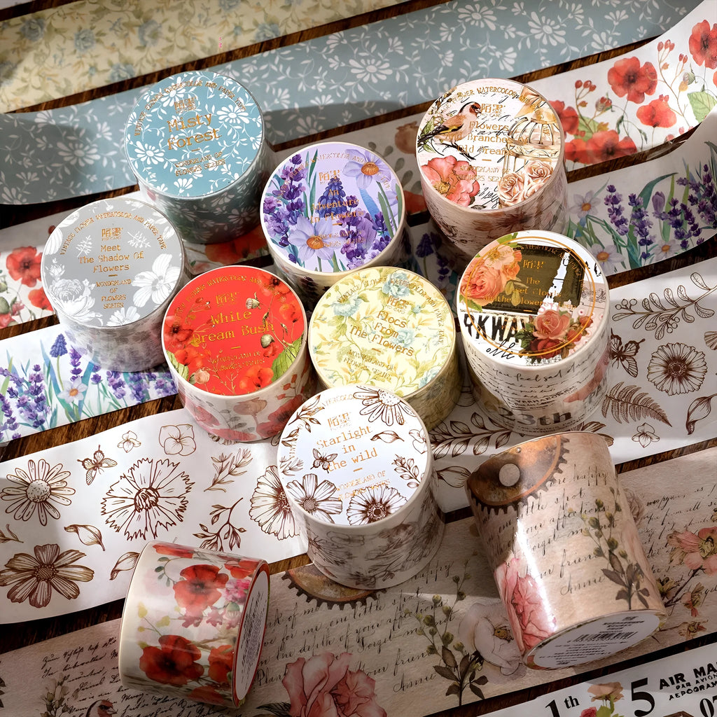 Japanese paper adhesive tape with vintage floral watercolour designs showing six colour variations