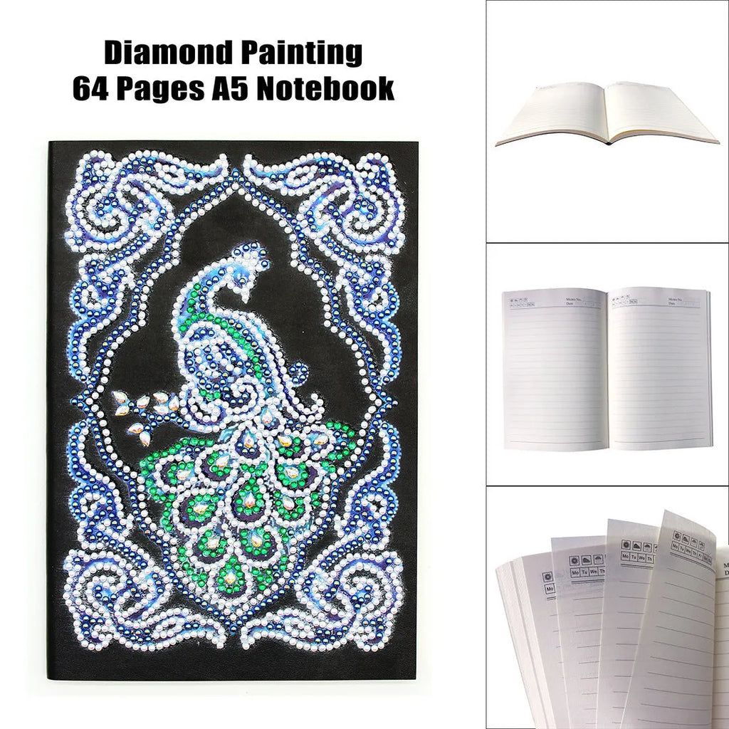 Black A5 diamond painting notebook with peacock theme design for craft project organisation