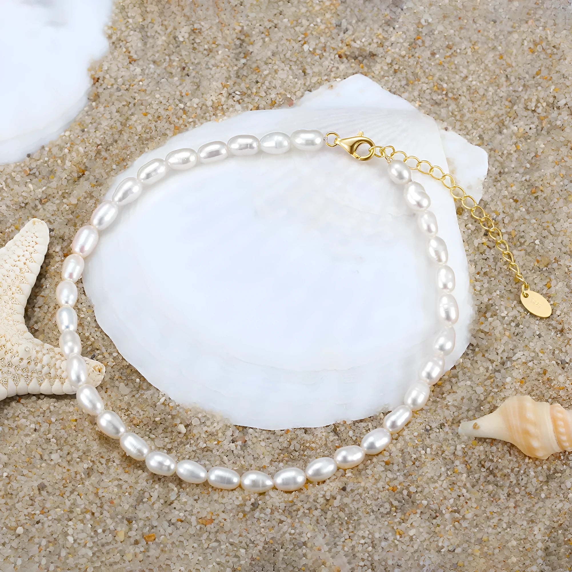 Gold 925 silver anklet with small rice-shaped natural freshwater pearl beads