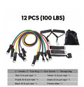 16-piece latex resistance band set with purple, green, and black traction ropes, handles, foot rings, door buckle, and storage bag
