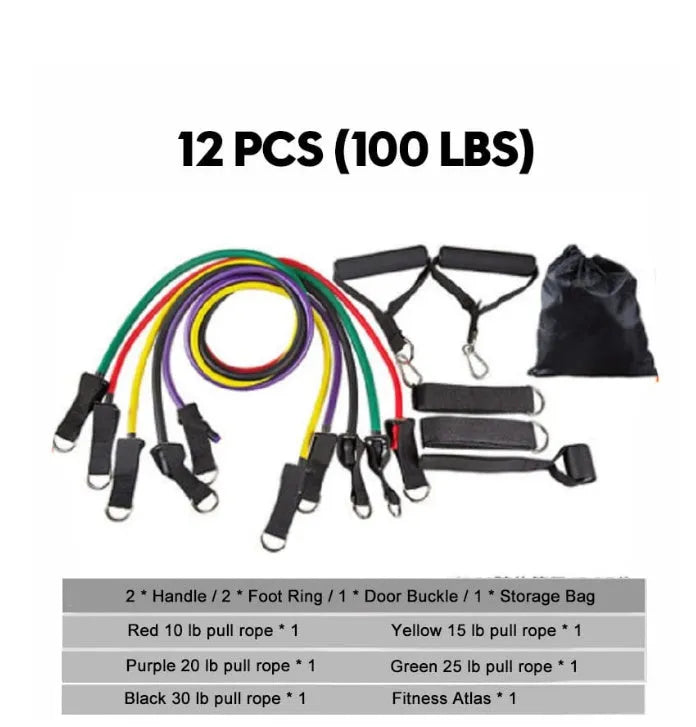 16-piece latex resistance band set with purple, green, and black traction ropes, handles, foot rings, door buckle, and storage bag