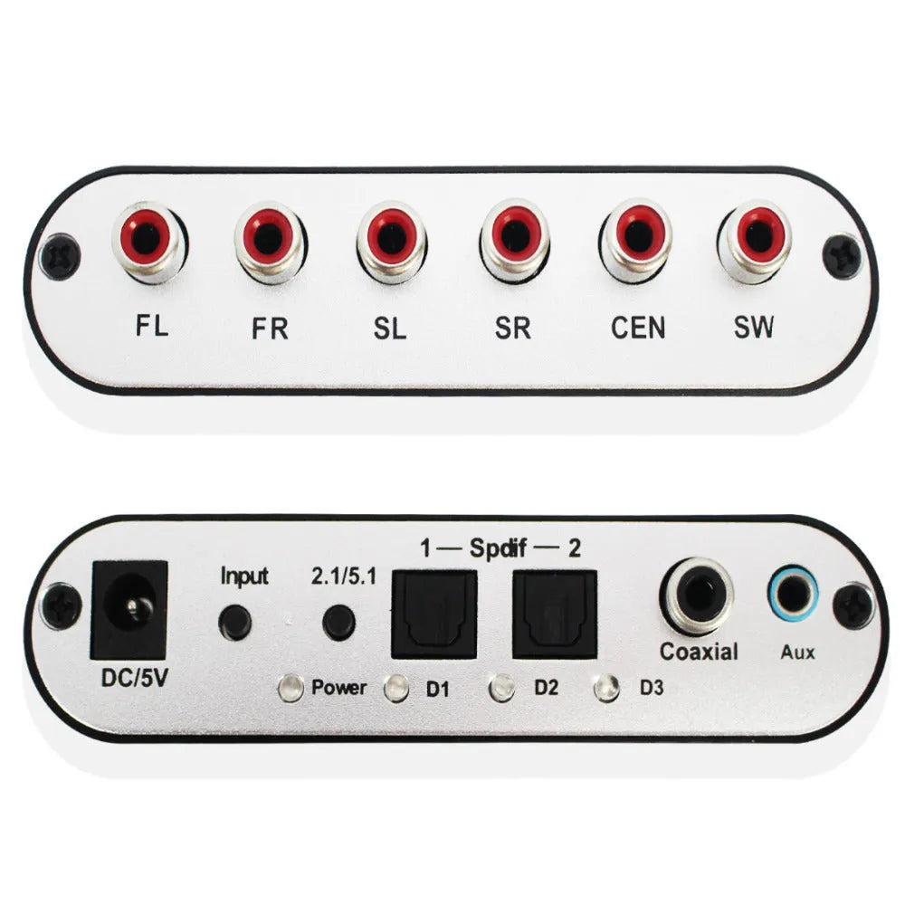 Black DTS Dolby Digital audio decoder with optical, coaxial, and stereo inputs and 5.1 channel analogue outputs