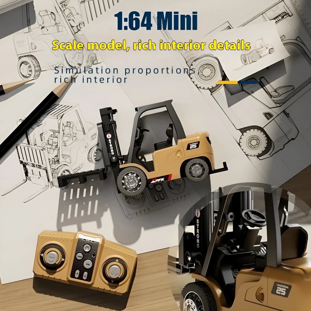 1:64 scale alloy remote control forklift toy with Bluetooth controller and cargo accessories.