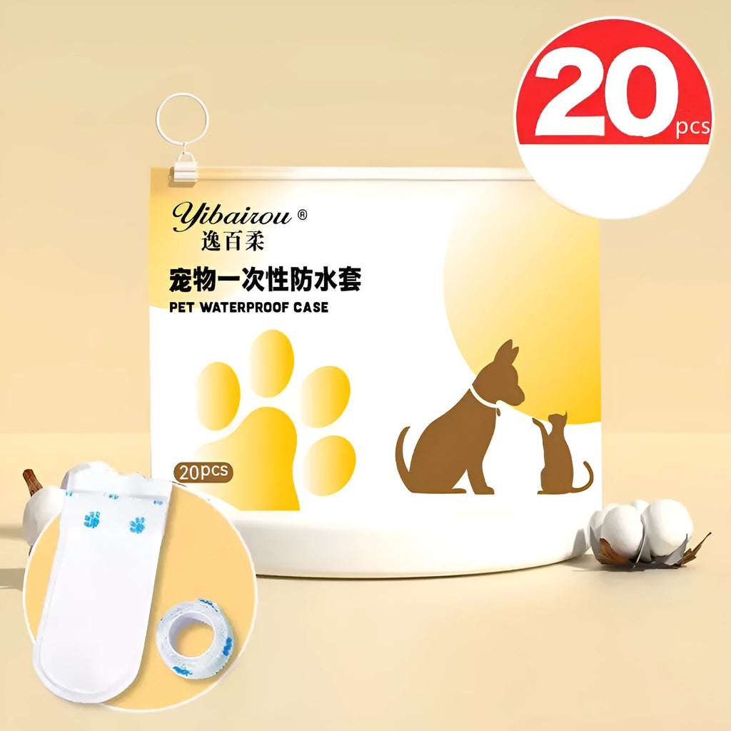 White disposable waterproof shoe covers for pets with slip-resistant soles in S and M sizes