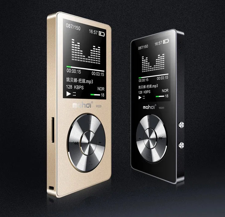 Gold coloured portable MP3 music player with a 1.8-inch screen showing a music menu.