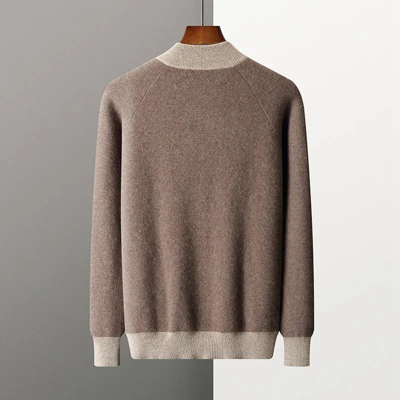 Men's cashmere wool blend cardigan suit with half turtleneck zip top and matching trousers in winter colours