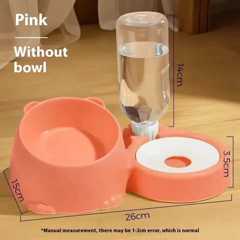 Double bowl automatic pet drinking basin with stainless steel ceramic base and removable plastic bowls