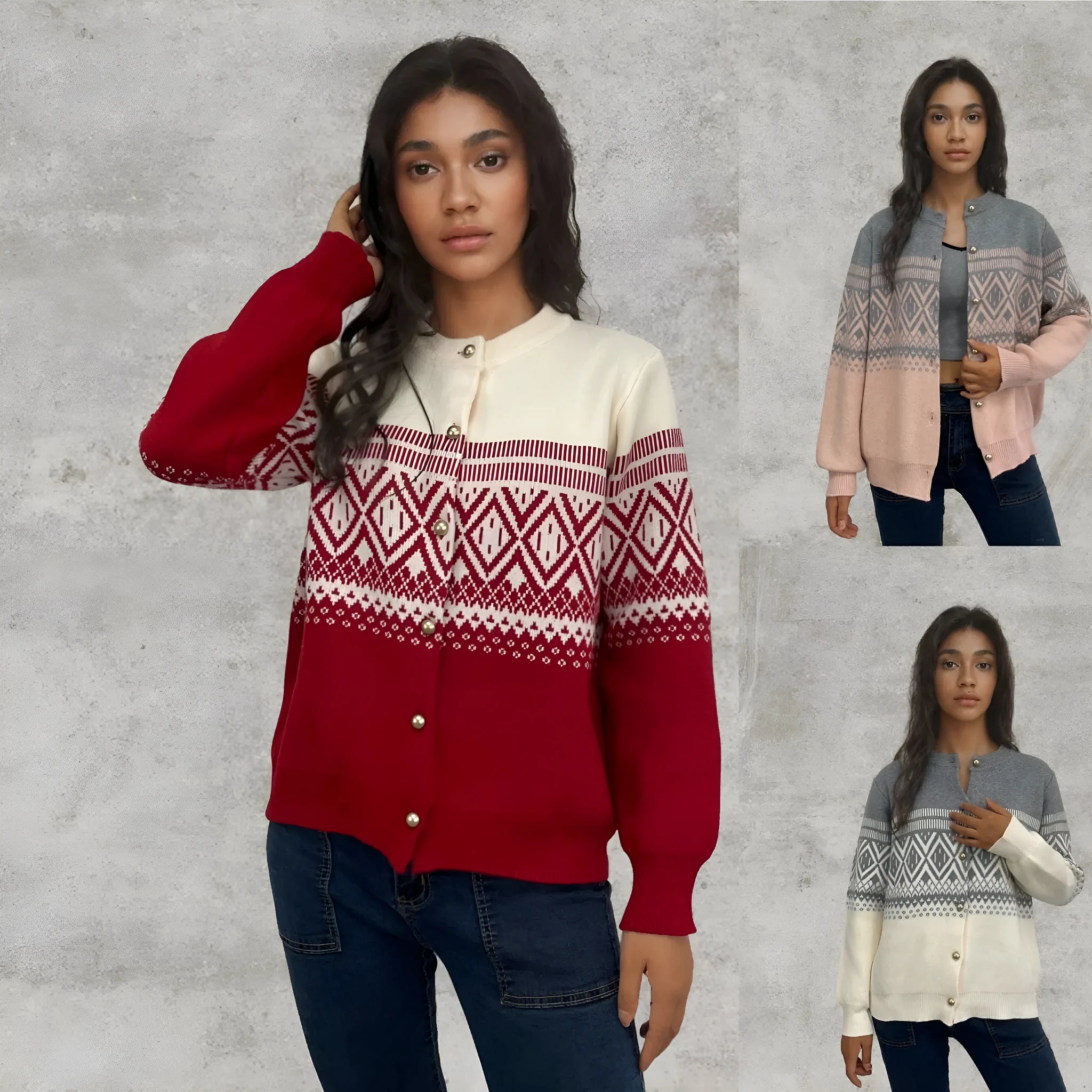 Women's long-sleeved alpaca wool cardigan sweater with contrast colour street fashion design