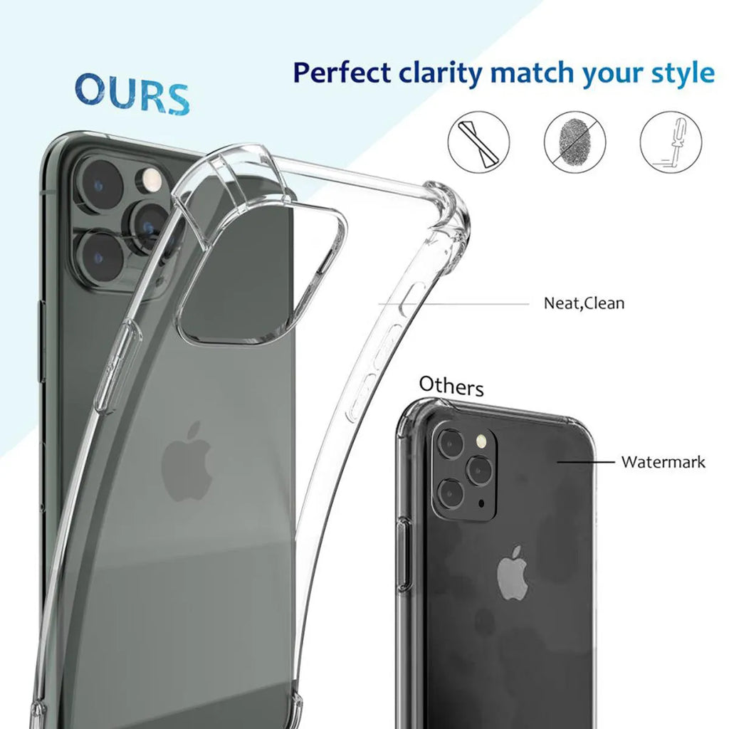 Transparent shockproof TPU case for multiple iPhone models on a smartphone
