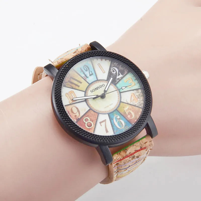 Vintage leather women's quartz watch with 37mm round dial and stainless steel buckle