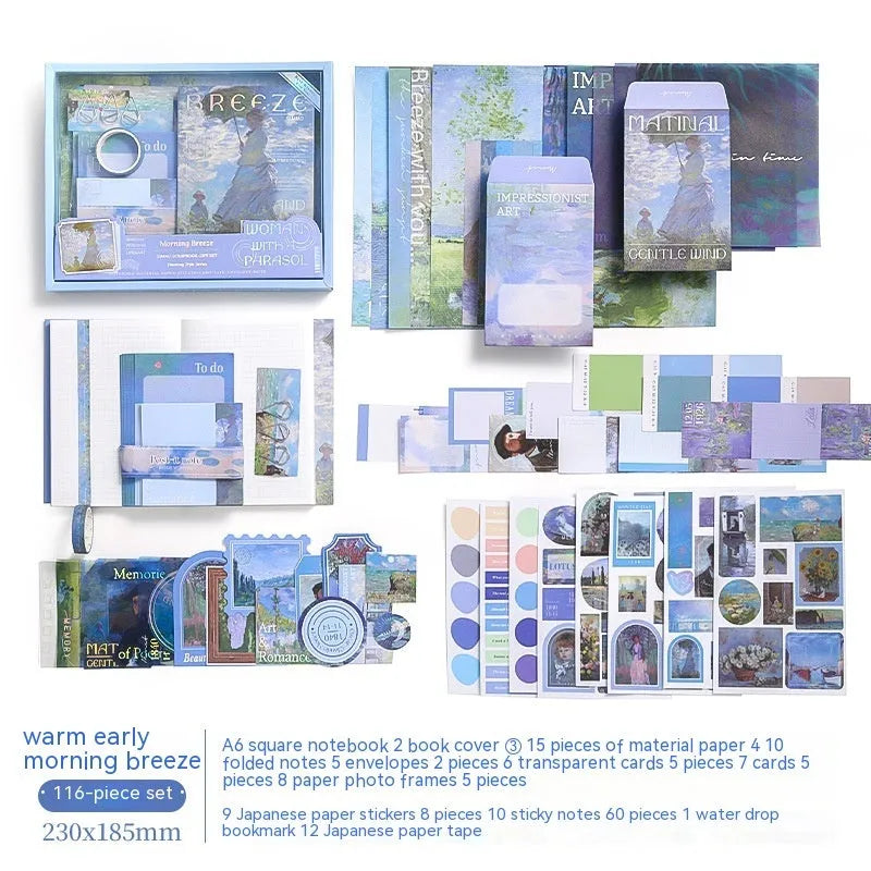 Creative journal gift box showing A6 plaid grid notebook with cards, envelopes, sticky notes, and paper craft accessories