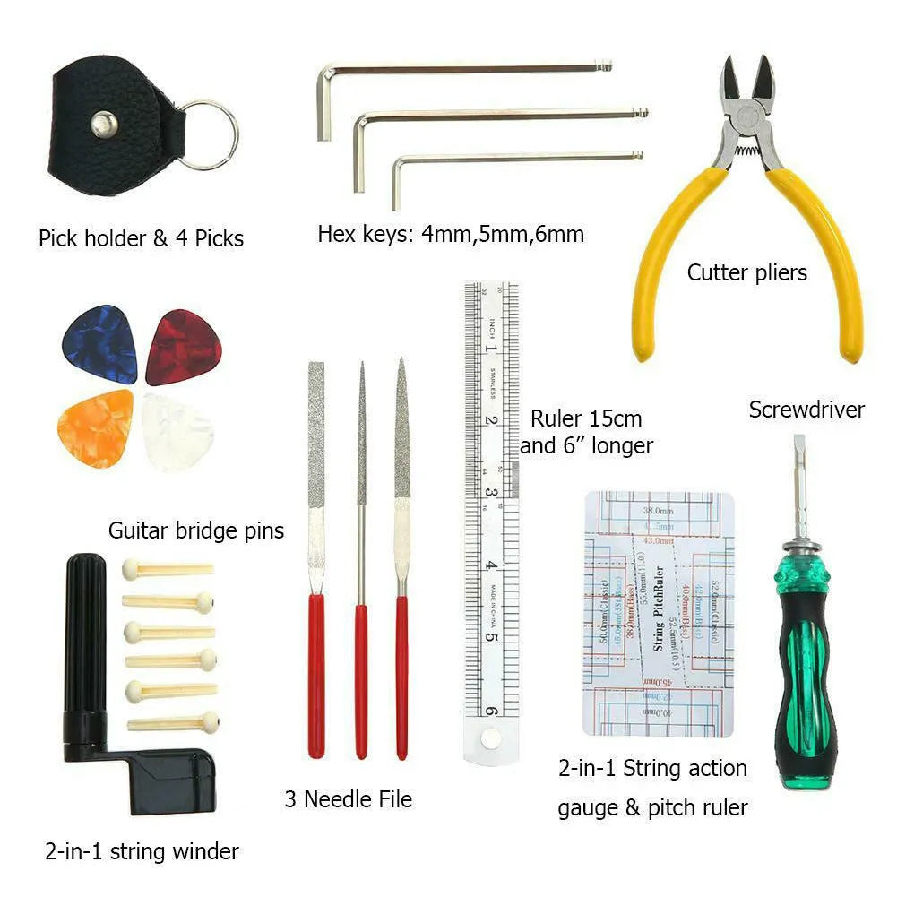 Black plastic and metal guitar repair tool kit for guitars, basses, mandolins, and banjos.