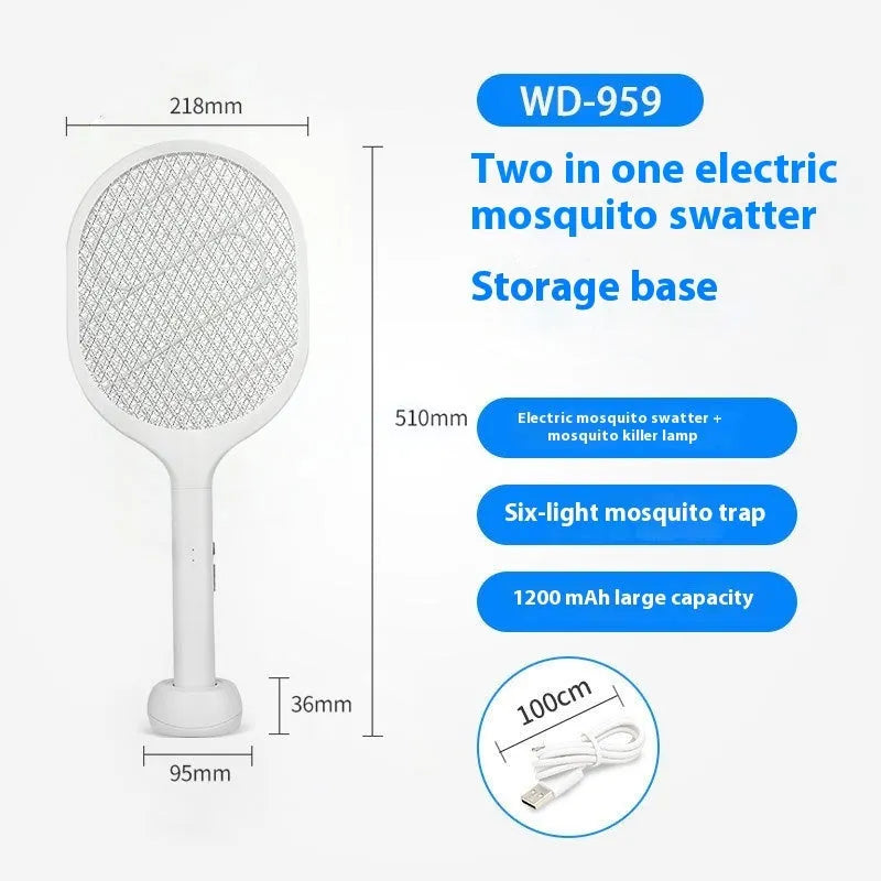 Blue rechargeable electric mosquito swatter with double metal mesh grid for insect elimination