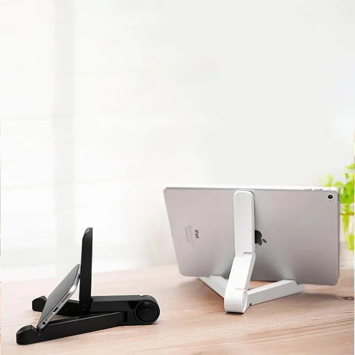 Foldable tablet holder in black showing adjustable angle stand for phone or tablet