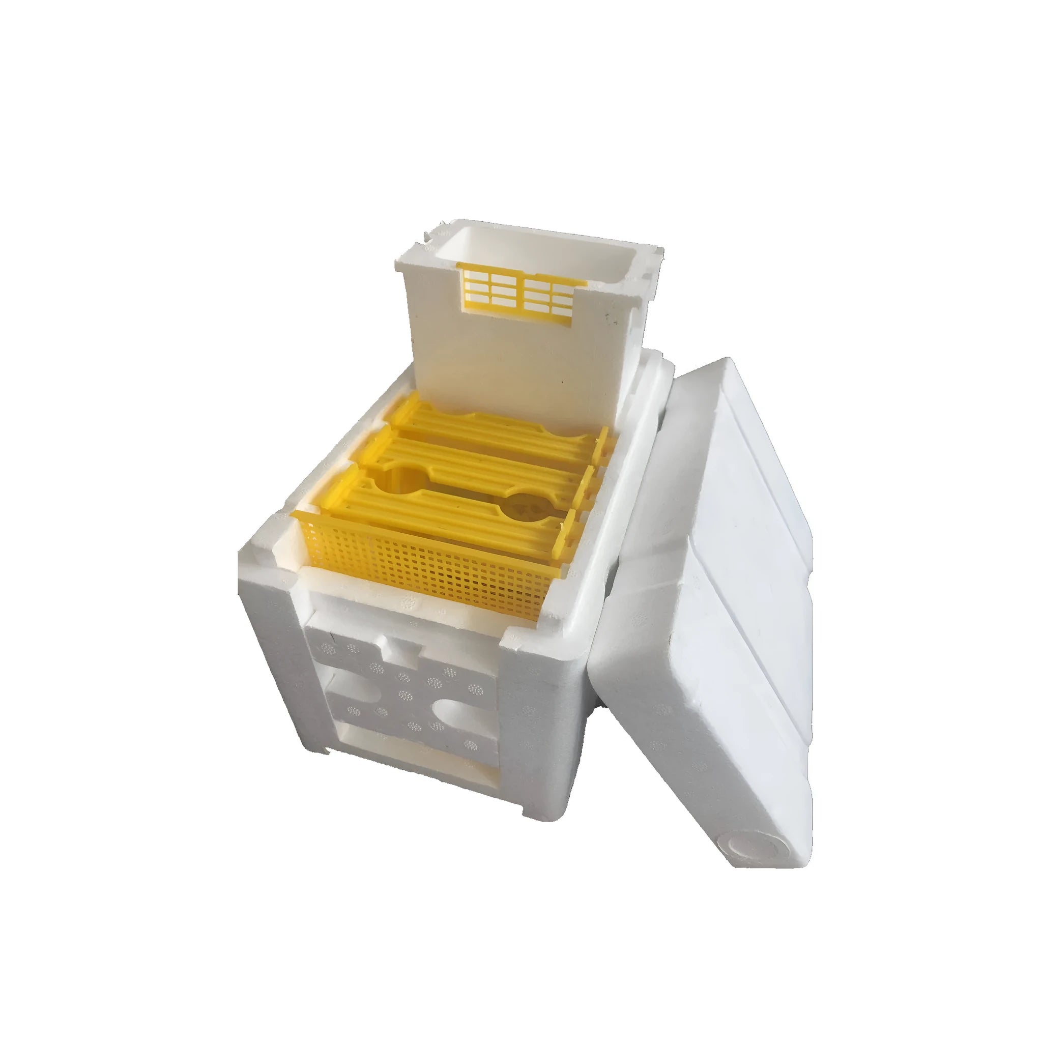 Three white EPS foam mini delivery boxes for bee mating and pollination procedures
