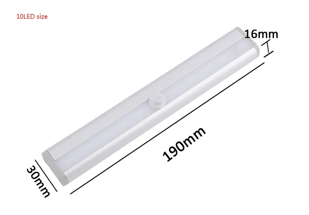 Silver aluminium USB rechargeable LED strip light with magnetic back for wardrobes.