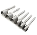 Set of six steel leather craft punch tools in half-round and V shapes, sizes 15mm to 40mm.