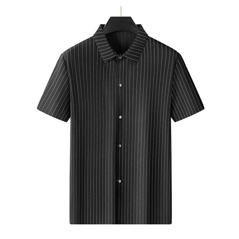 Men's plus size striped casual shirt with square collar in black or khaki