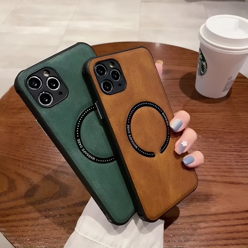 Black imitation leather magnetic charging case for iPhone on a table.