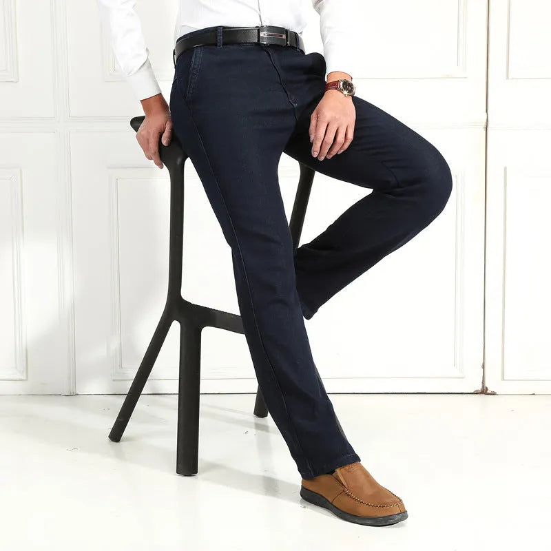 Women's velvet jeans in dark blue high-waist straight-leg cotton stretch fabric
