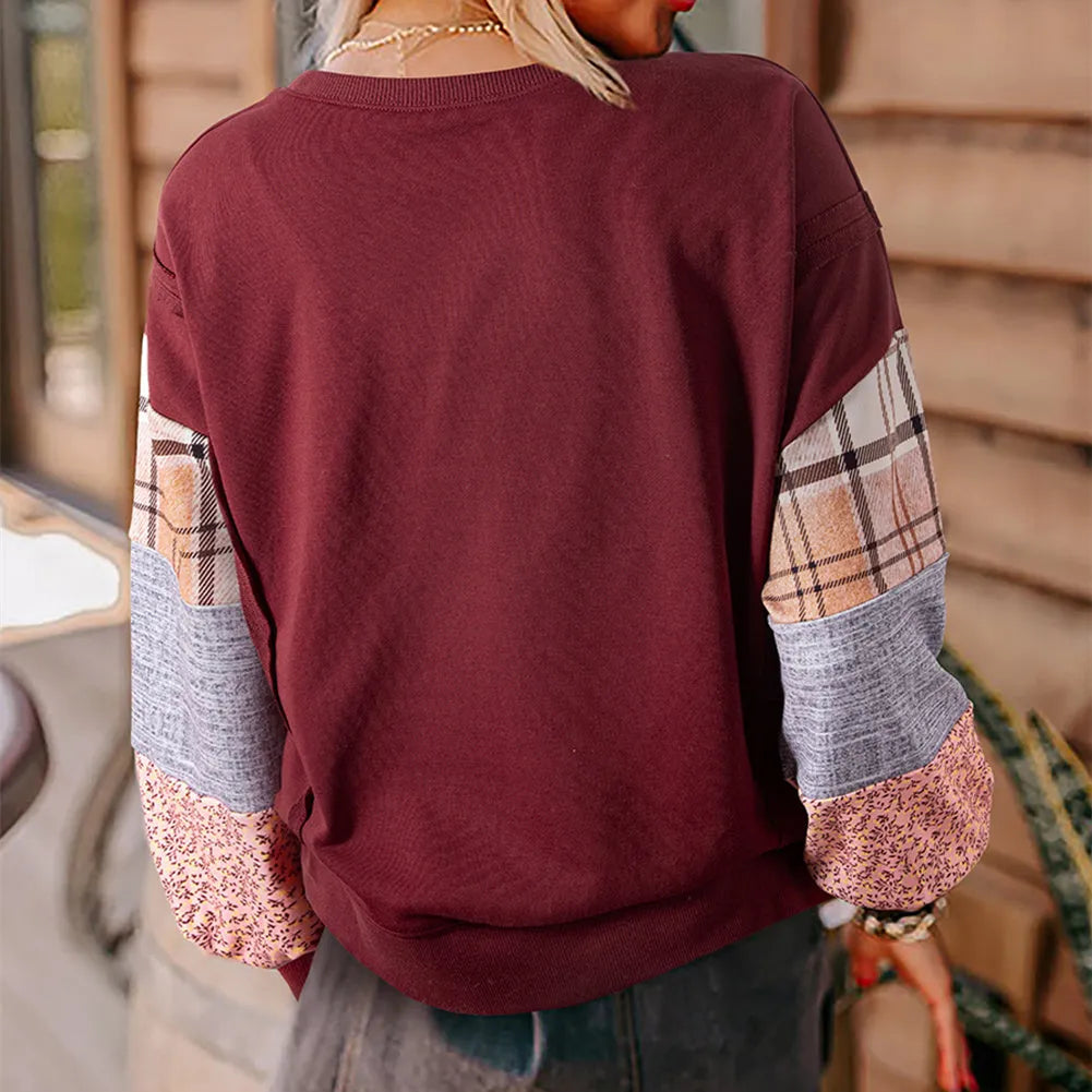 Women's plaid stitching long-sleeved polyester top in loose Japanese Korean casual style