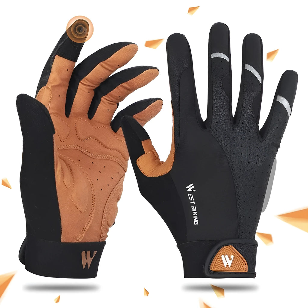 Black yellow motorcycle bike gloves on display showing breathable fabric and adjustable wrist strap