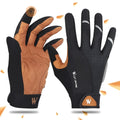 Black yellow motorcycle bike gloves on display showing breathable fabric and adjustable wrist strap