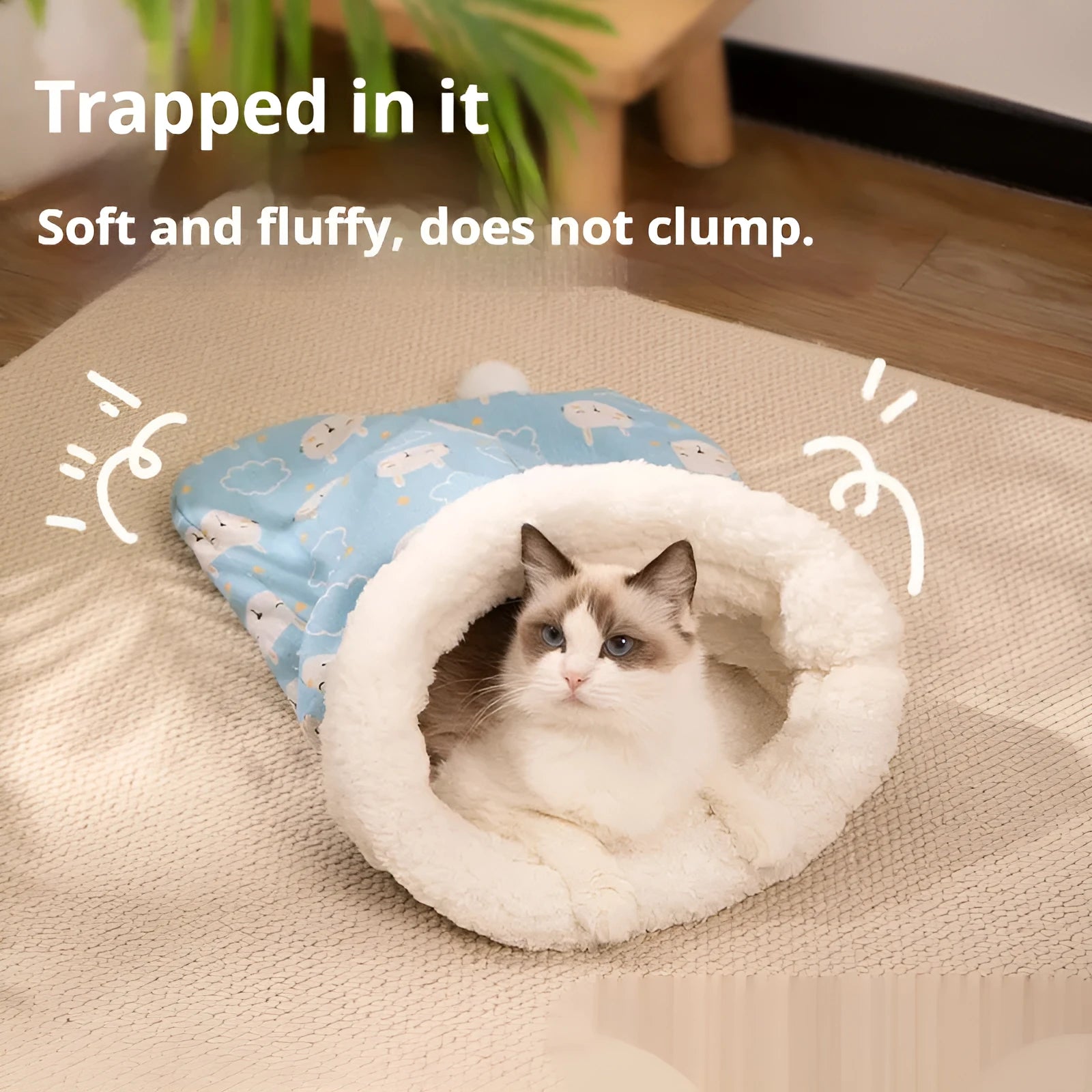 Flannel cat sleeping bag nest pet bed in blue rabbit design measuring 50 x 40 cm