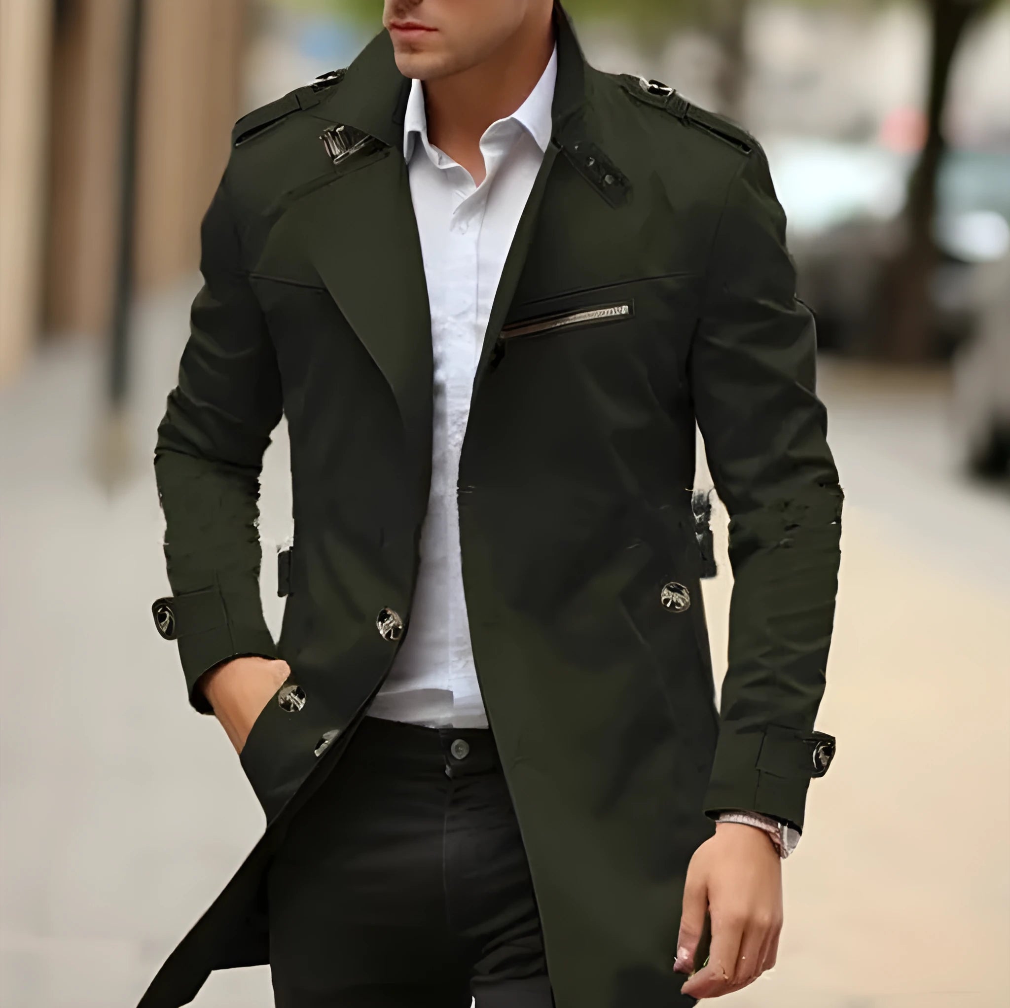 Men's mid-length lapel casual jacket in army green with a side pocket.