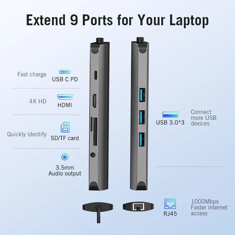 Deep grey USB-C to 6-in-1 hub with HDMI, Ethernet, USB ports, and card slots on a desk.