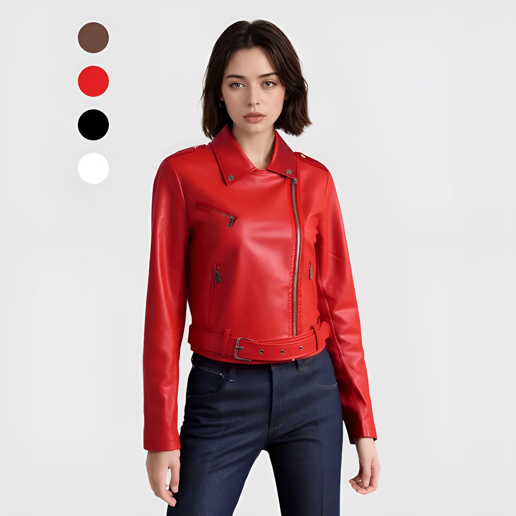 Women's black PU leather motorcycle-style jacket with lapel collar and waist belt on a hanger
