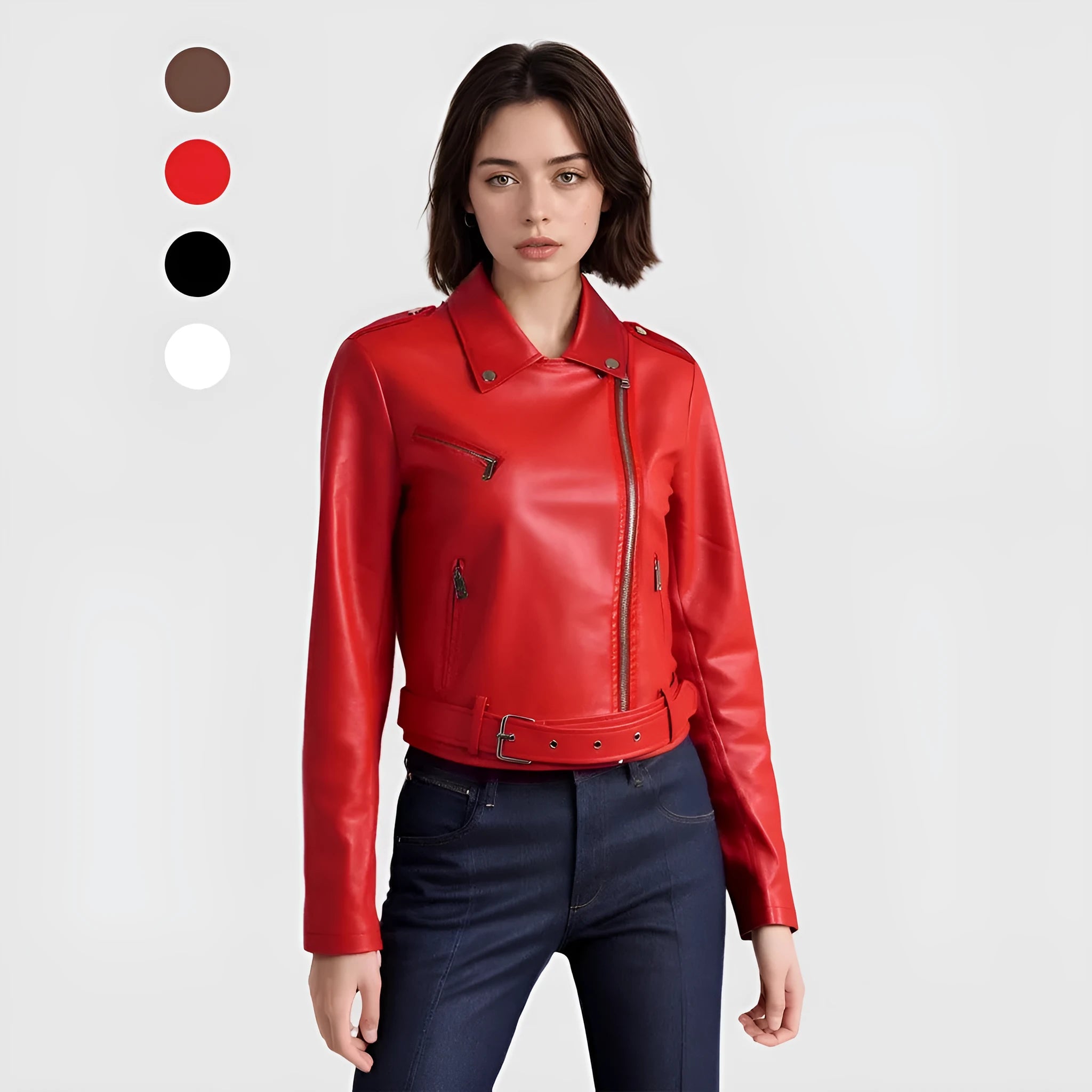 Women's black PU leather motorcycle-style jacket with lapel collar and waist belt on a hanger