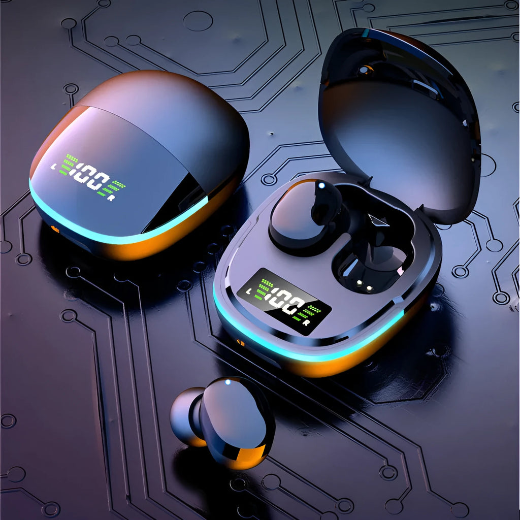 Black true wireless Bluetooth earbuds with charging case showing copper speaker and button controls