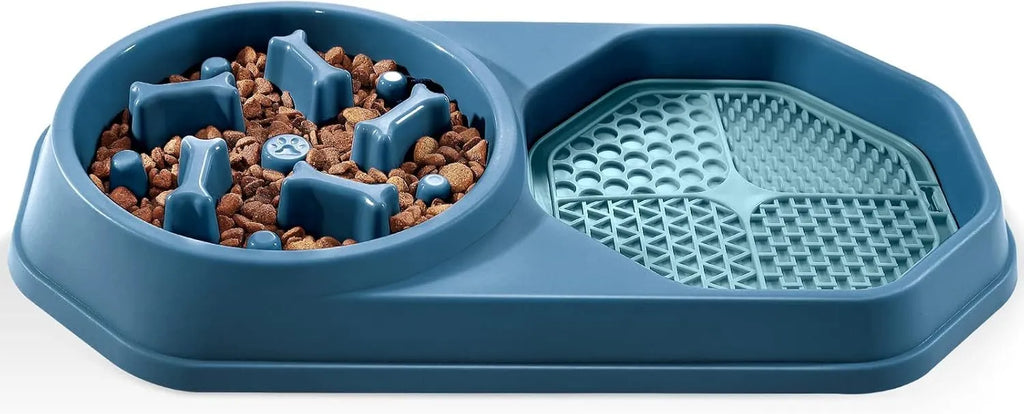 Blue interactive slow feeder dog bowl with puzzle maze pattern for anti-gulping feeding
