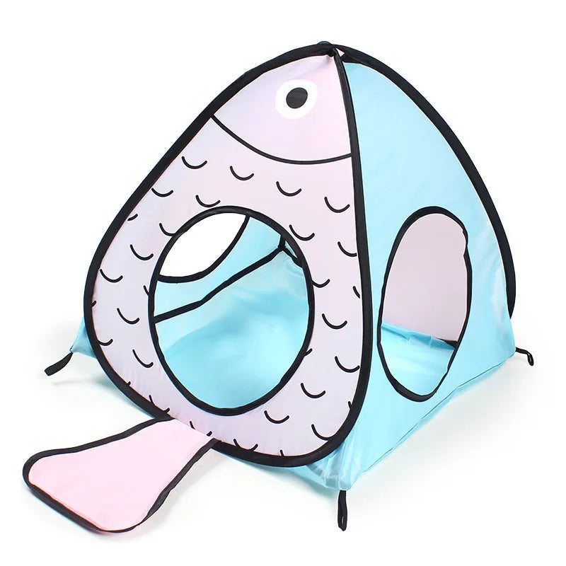 Foldable cat tunnel pet tent with fish design pattern, made from polypropylene plastic