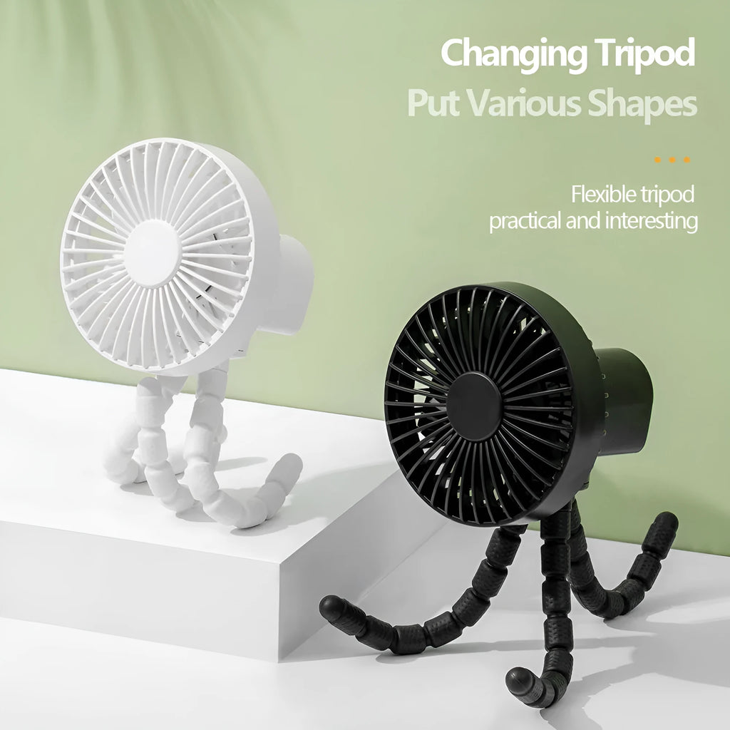 Small USB desk fan with adjustable octopus tripod legs and bendable head in multiple colour options