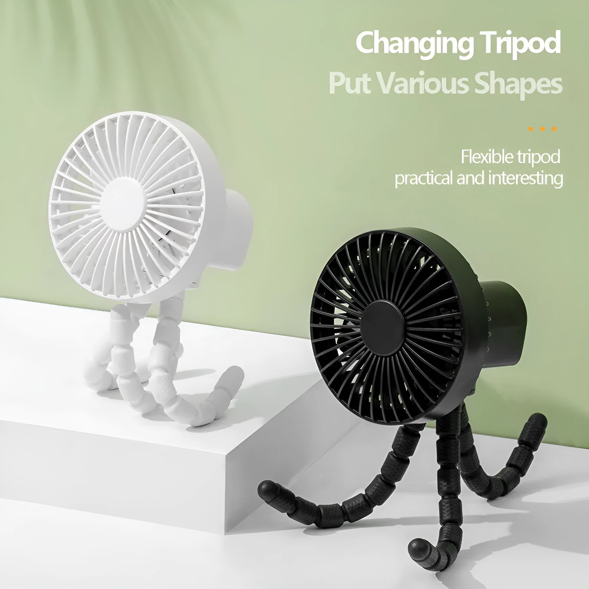 Small USB desk fan with adjustable octopus tripod legs and bendable head in multiple colour options