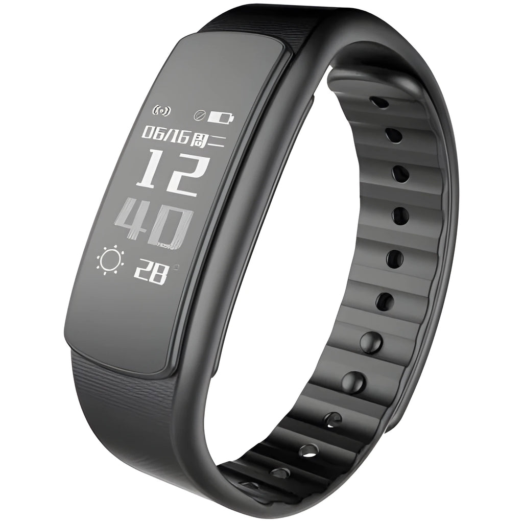 I6 smart sports bracelet with 0.96-inch screen shown on wrist in black and green colour options