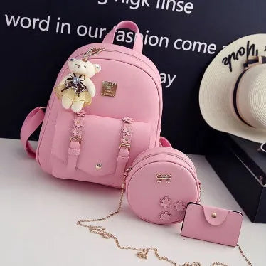 Women's 3-piece PU leather bag set with backpack, shoulder bag, and card bag