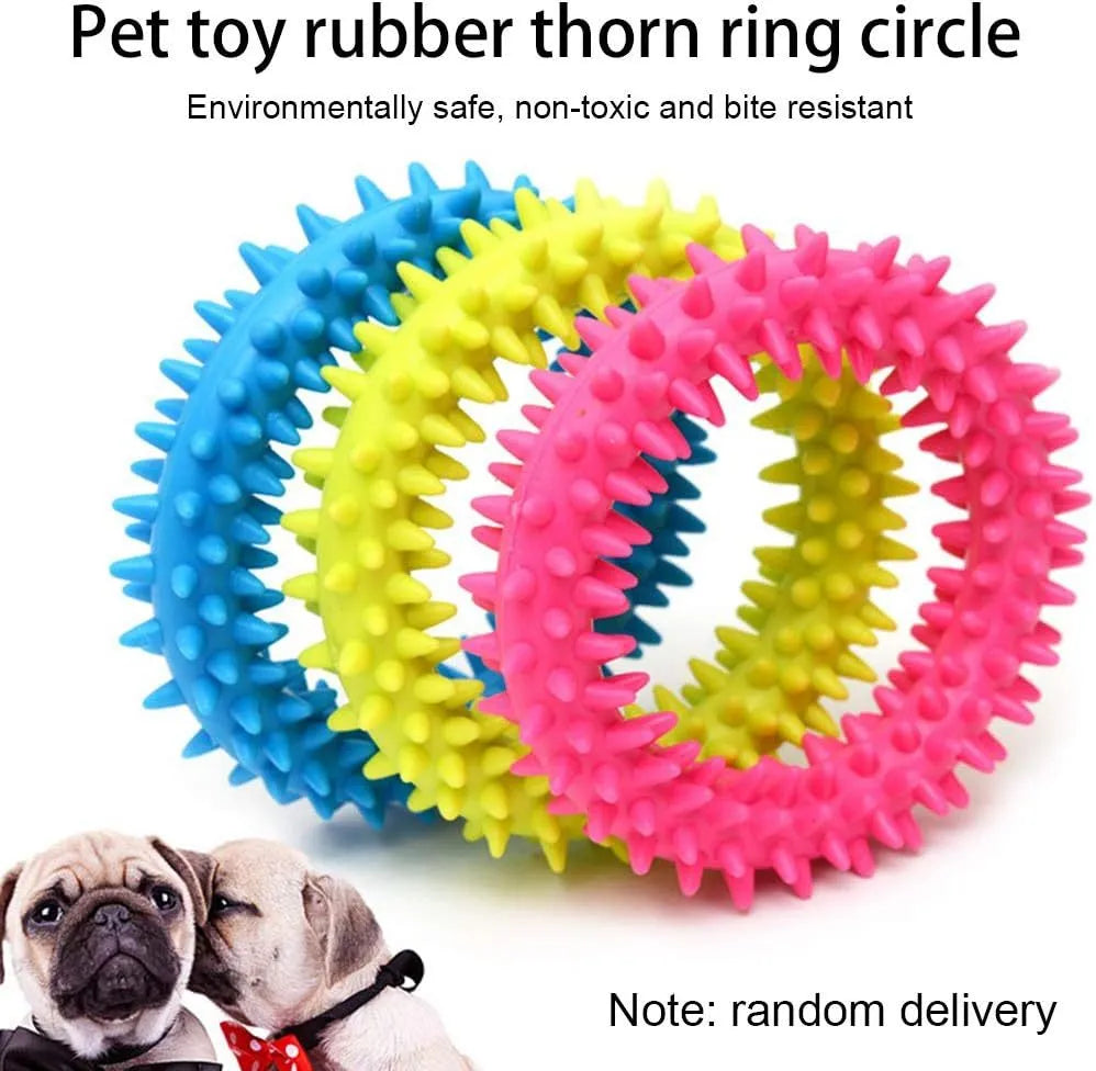TPR spiky circle ring dog chew toy in various colours showing textured dental cleaning nubs