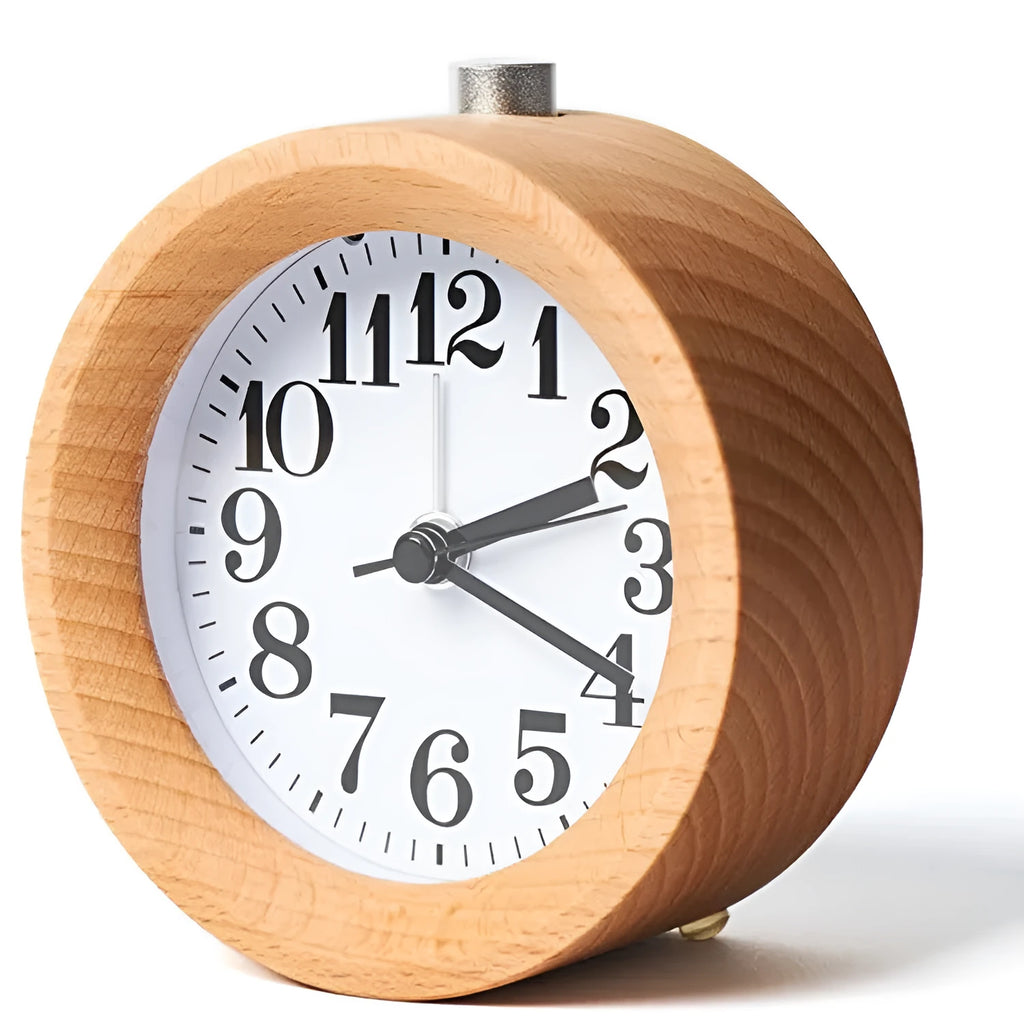 Solid beech wood silent snooze alarm clock showing wooden case and clear dial.