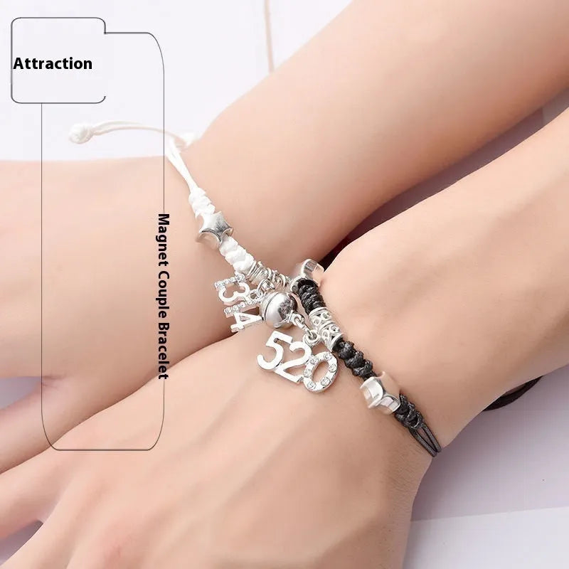 A pair of matching magnetic suction bracelets with an alloy electroplated finish, showing a sample design.