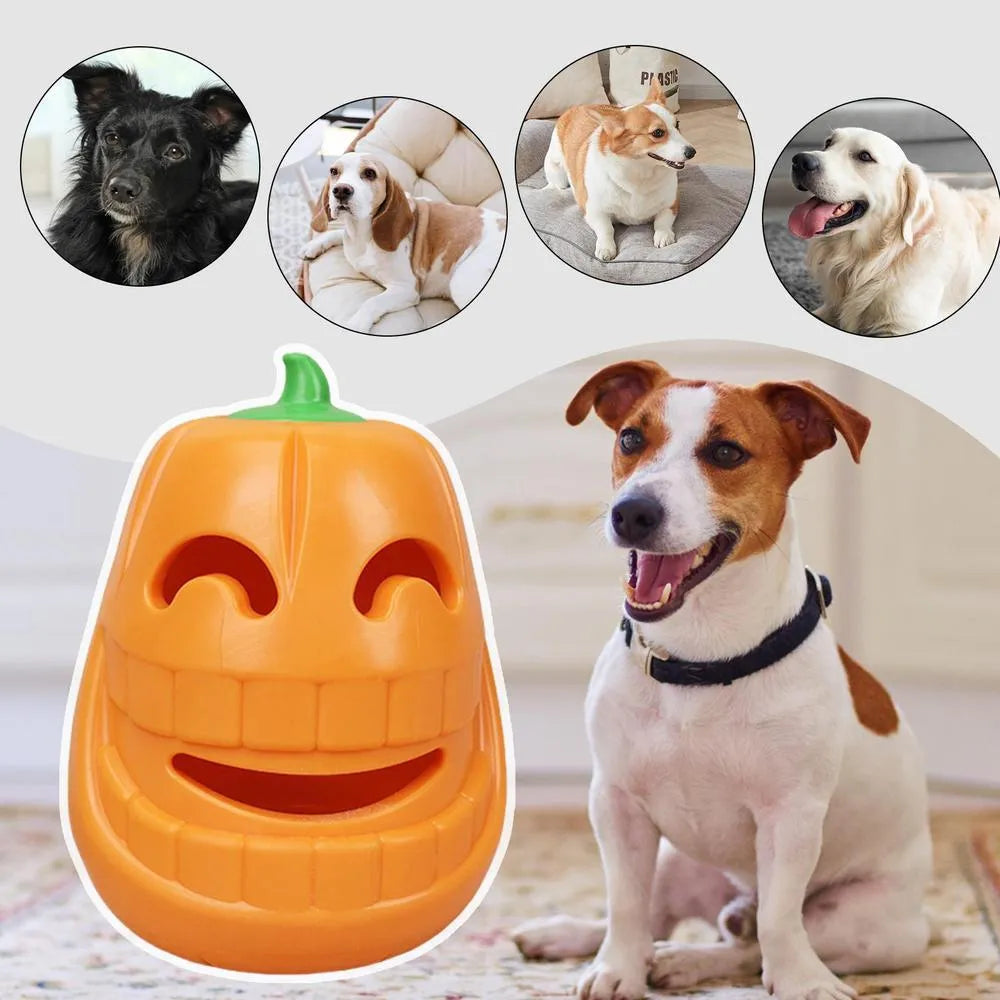 Yellow pumpkin-shaped TPR dog chew toy for aggressive chewers, 8.6x11.5cm