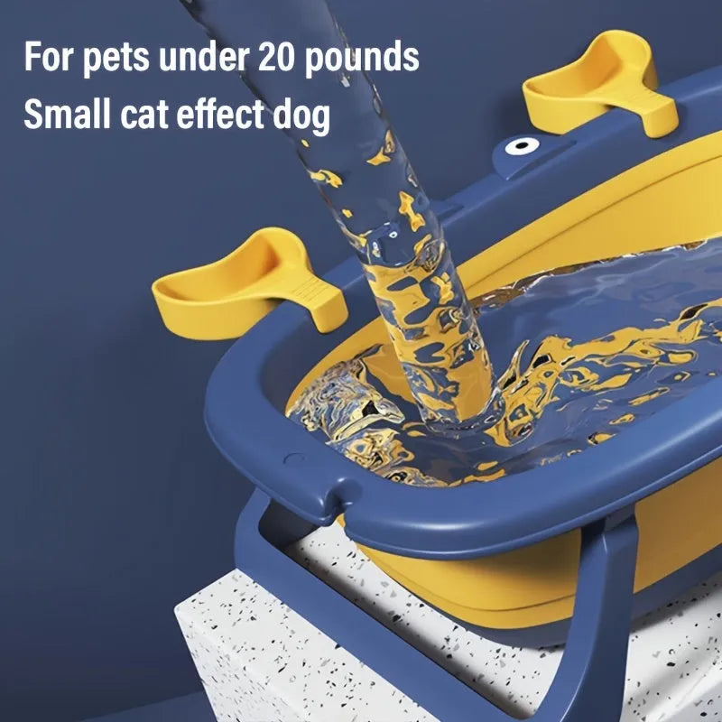 Foldable portable pet bathing tub for small dogs and cats in blue and orange colours